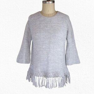 John and Jenn Grey Cotton Sweater ¾ Sleeve Fringe Hem Size S Canadian Company